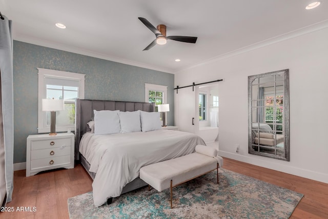 6196 E Calle Camelia, Scottsdale, AZ 85251 - bedroom with ornamental molding, baseboards, wood finished floors, recessed lighting, and a ceiling fan