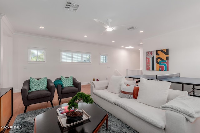 6196 E Calle Camelia, Scottsdale, AZ 85251 - living area with ornamental molding, ceiling fan, recessed lighting, wood finished floors, and baseboards