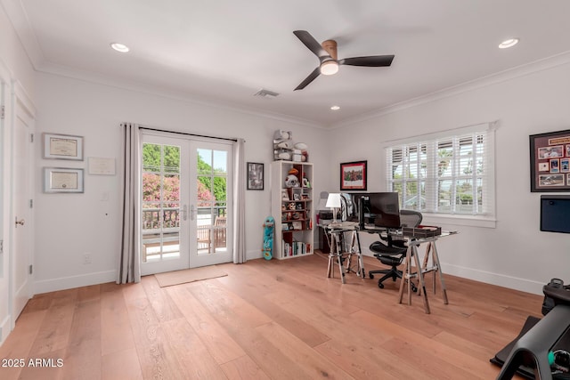 6196 E Calle Camelia, Scottsdale, AZ 85251 - office featuring ornamental molding, french doors, hardwood / wood-style flooring, ceiling fan, and baseboards
