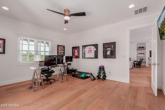 6196 E Calle Camelia, Scottsdale, AZ 85251 - office area with crown molding, ceiling fan, light wood-type flooring, baseboards, and recessed lighting