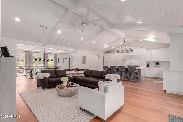 6196 E Calle Camelia, Scottsdale, AZ 85251 - living area with light wood-style flooring, a ceiling fan, recessed lighting, wood ceiling, and a chandelier