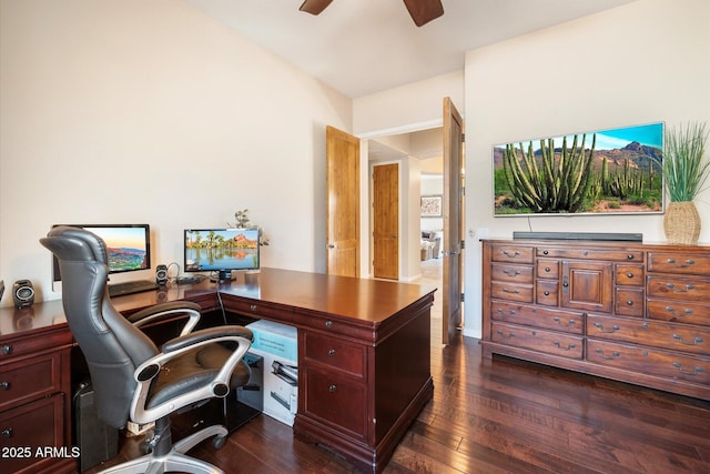 office featuring ceiling fan and dark wood finished floors