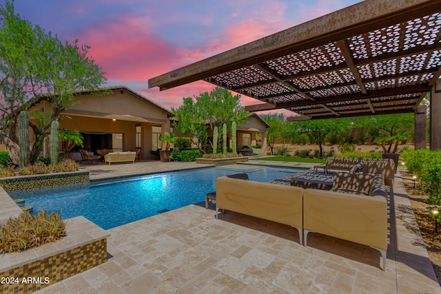 pool at dusk featuring a pergola and a patio