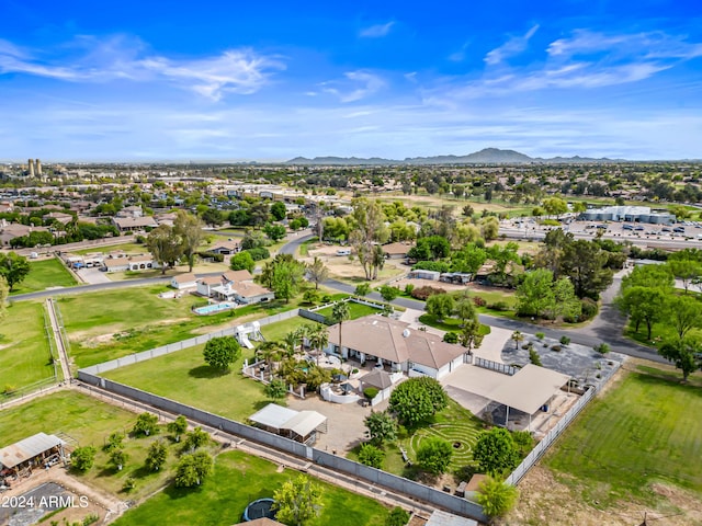 drone / aerial view featuring a mountain view