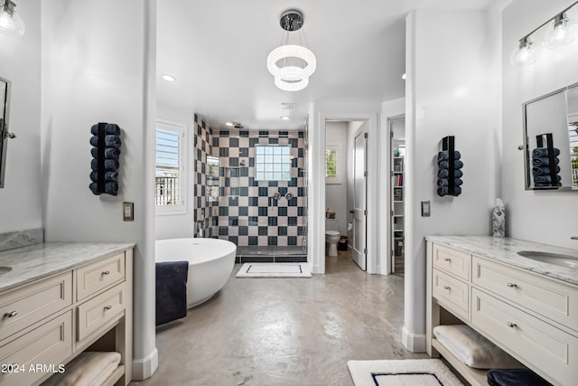 full bathroom with vanity, separate shower and tub, toilet, concrete floors, and a notable chandelier