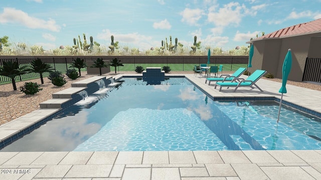 view of swimming pool featuring pool water feature and a patio