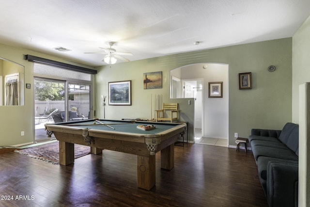 rec room with a textured ceiling, ceiling fan, dark wood-type flooring, and pool table