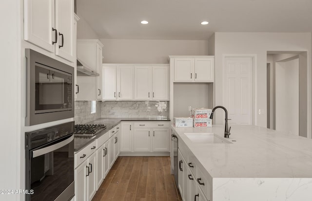 kitchen with appliances with stainless steel finishes, light stone counters, exhaust hood, sink, and white cabinetry