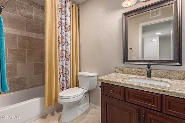 full bathroom featuring vanity, visible vents, tile patterned floors, toilet, and shower / tub combo with curtain