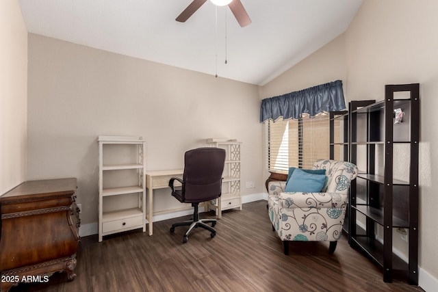 office space featuring wood finished floors, a ceiling fan, baseboards, and vaulted ceiling