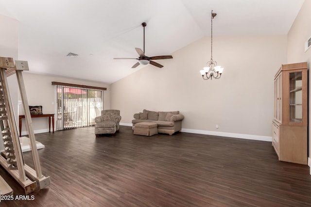 unfurnished room featuring visible vents, ceiling fan with notable chandelier, dark wood-type flooring, and baseboards