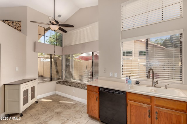 kitchen featuring a sink, dishwasher, brown cabinetry, and light countertops