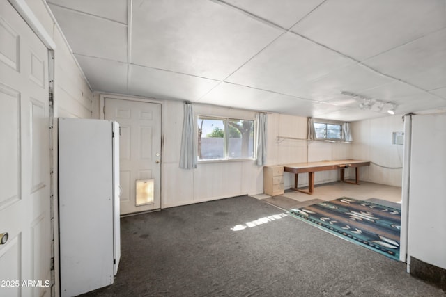 basement featuring carpet flooring, track lighting, and white refrigerator