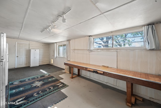 basement featuring wooden walls