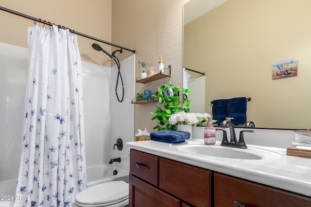 full bathroom featuring vanity, toilet, and shower / bathtub combination with curtain