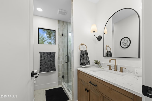 bathroom with a stall shower, tile patterned flooring, vanity, and visible vents