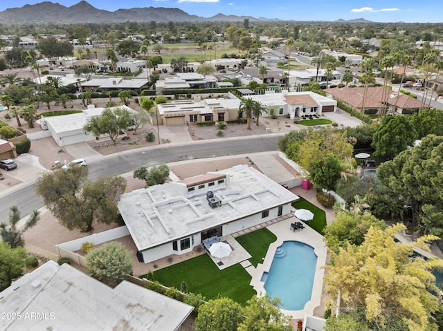 aerial view featuring a residential view and a mountain view