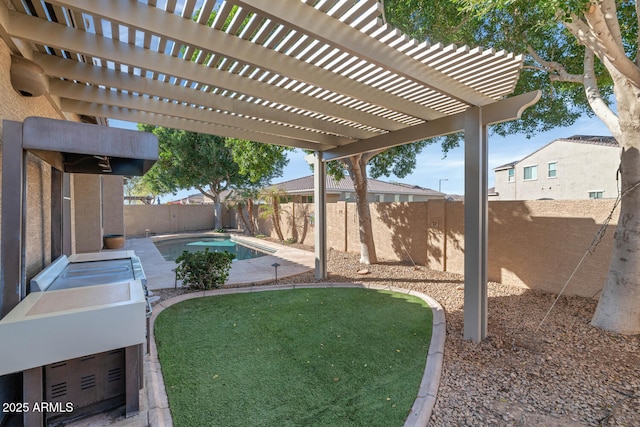 view of yard featuring a fenced backyard, a fenced in pool, and a pergola