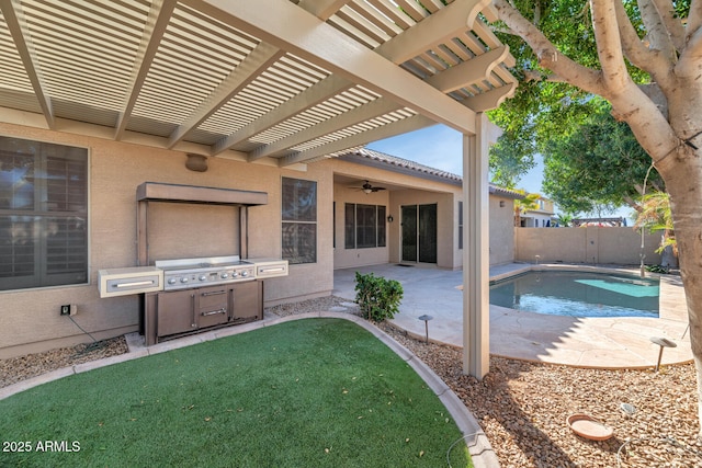 view of patio / terrace featuring a fenced in pool, ceiling fan, a fenced backyard, grilling area, and a pergola