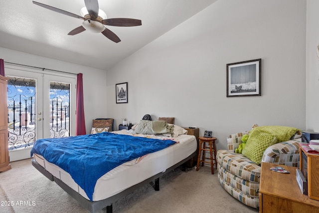 bedroom featuring french doors, vaulted ceiling, access to outside, carpet floors, and ceiling fan