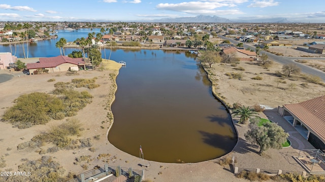 bird's eye view featuring a water and mountain view