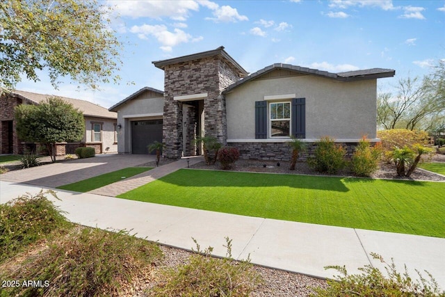 view of front facade with stucco siding, an attached garage, stone siding, driveway, and a front lawn