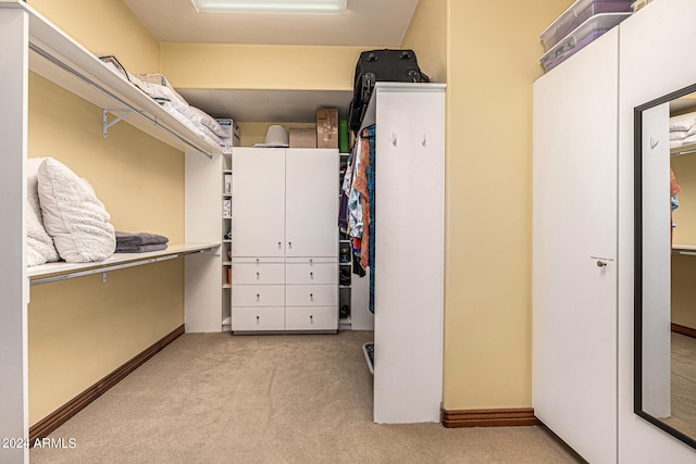 spacious closet featuring light colored carpet