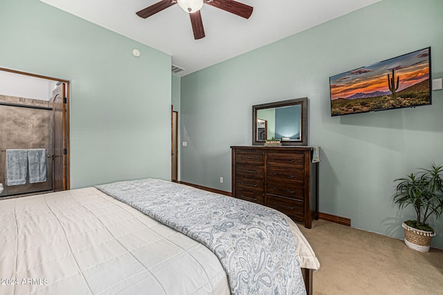 bedroom with ceiling fan and light colored carpet