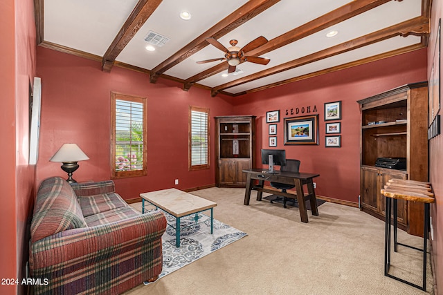 carpeted living room featuring ceiling fan and beamed ceiling