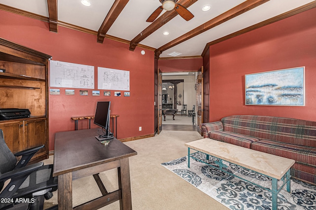 carpeted home office featuring ceiling fan and beam ceiling