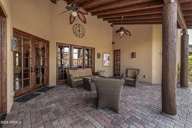 view of patio with ceiling fan, french doors, and an outdoor hangout area