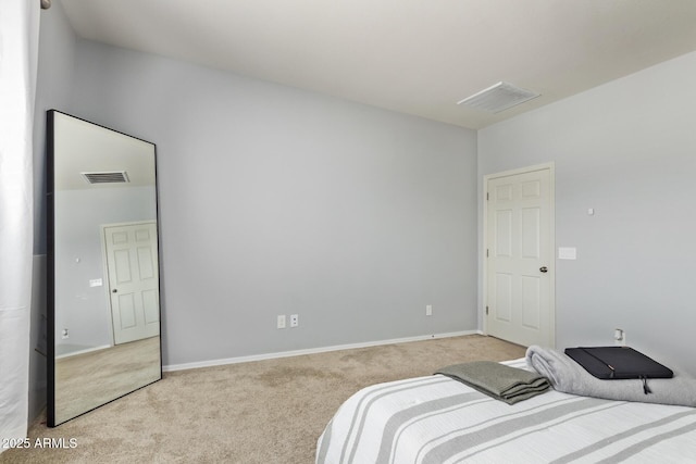 bedroom featuring visible vents, baseboards, and light colored carpet