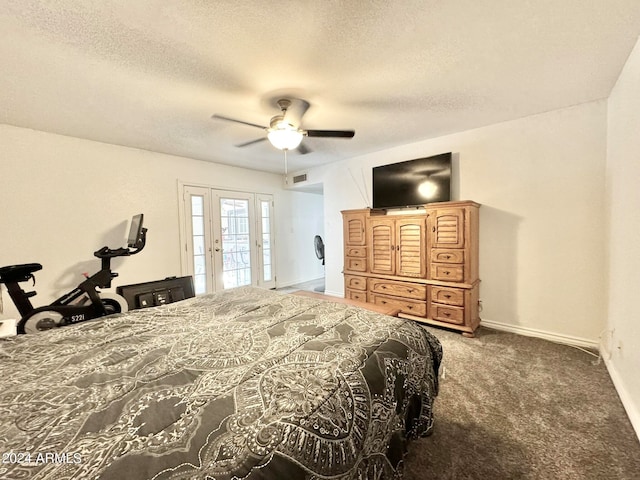 bedroom with carpet, ceiling fan, french doors, and a textured ceiling