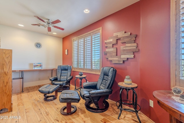 8606 E Arroyo Seco Rd, Scottsdale, AZ 85266 - living area with hardwood / wood-style flooring, a ceiling fan, recessed lighting, and baseboards