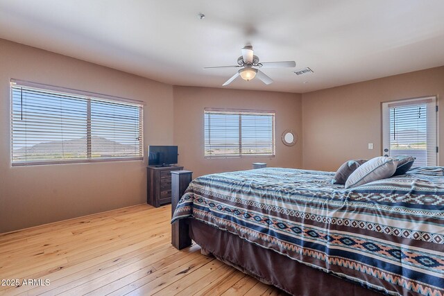 8606 E Arroyo Seco Rd, Scottsdale, AZ 85266 - bedroom with multiple windows, light wood-type flooring, and ceiling fan