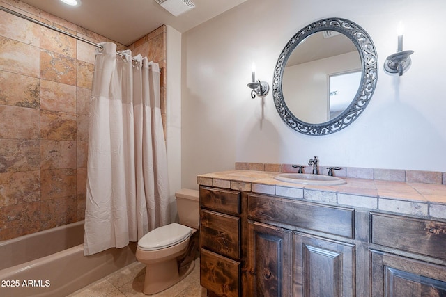 8606 E Arroyo Seco Rd, Scottsdale, AZ 85266 - bathroom with toilet, shower / bathtub combination with curtain, tile patterned floors, and vanity