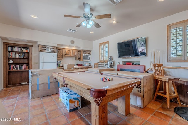 8606 E Arroyo Seco Rd, Scottsdale, AZ 85266 - game room featuring a ceiling fan, billiards, recessed lighting, and light tile patterned flooring