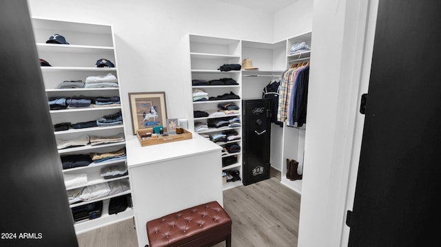 walk in closet with light hardwood / wood-style floors