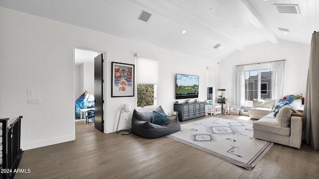 living room with lofted ceiling with beams and hardwood / wood-style floors