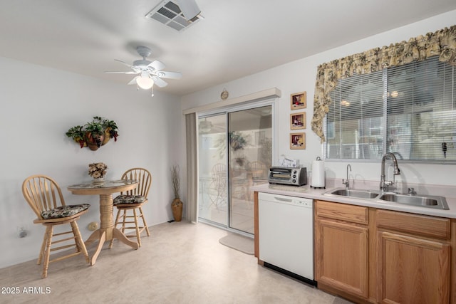 kitchen with ceiling fan, dishwasher, and sink