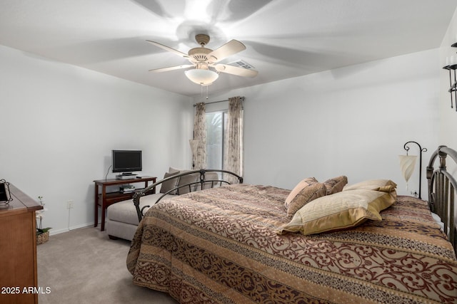 bedroom featuring ceiling fan and light colored carpet