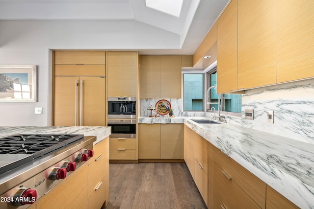 kitchen featuring dark hardwood / wood-style flooring, tasteful backsplash, stainless steel appliances, sink, and lofted ceiling