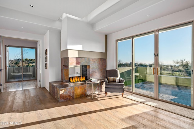 interior space featuring hardwood / wood-style flooring, a healthy amount of sunlight, and a fireplace