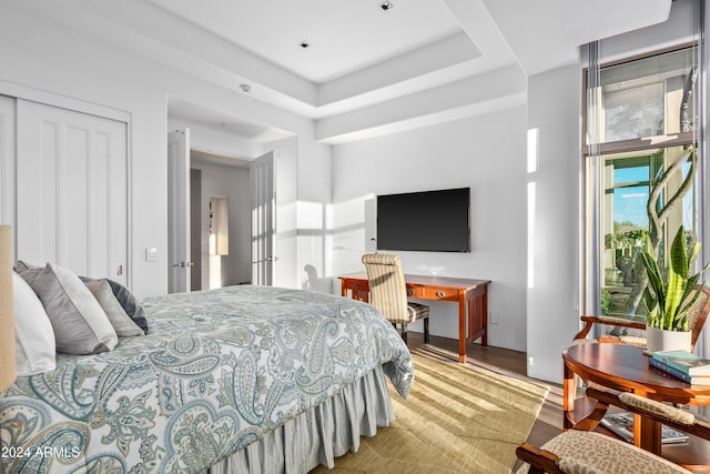 bedroom with hardwood / wood-style floors, a tray ceiling, and a closet