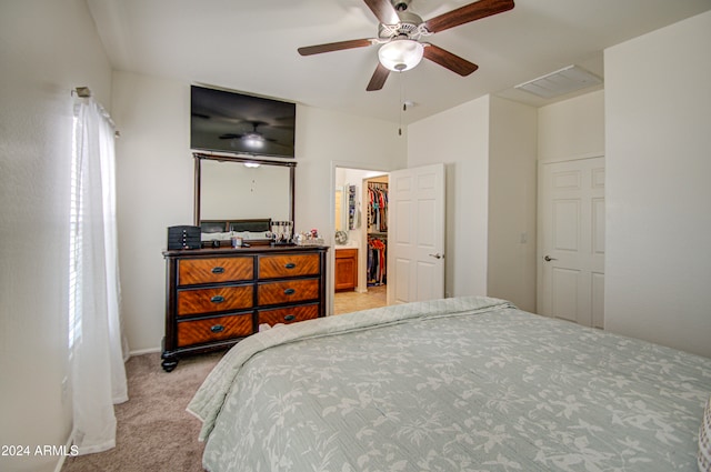 bedroom featuring ceiling fan, a walk in closet, and light carpet