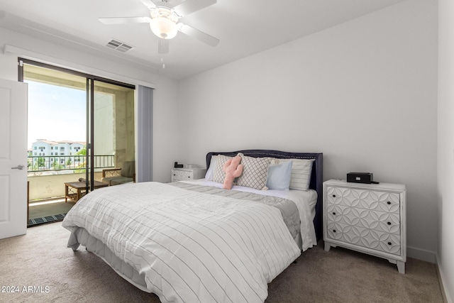 carpeted bedroom featuring access to exterior and ceiling fan