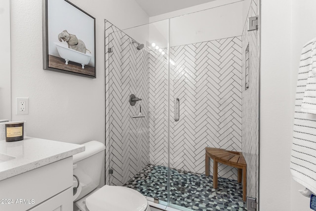 bathroom with a tile shower, vanity, and toilet