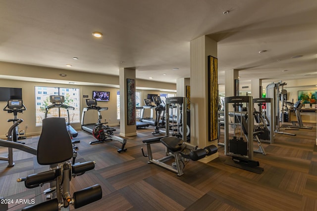 exercise room featuring carpet flooring