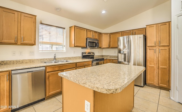 17617 W Corrine Dr, Surprise, AZ 85388 - kitchen featuring stainless steel appliances, a sink, light tile patterned floors, lofted ceiling, and light countertops