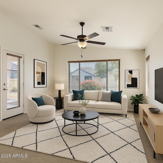 17617 W Corrine Dr, Surprise, AZ 85388 - living room featuring light colored carpet, baseboards, and ceiling fan